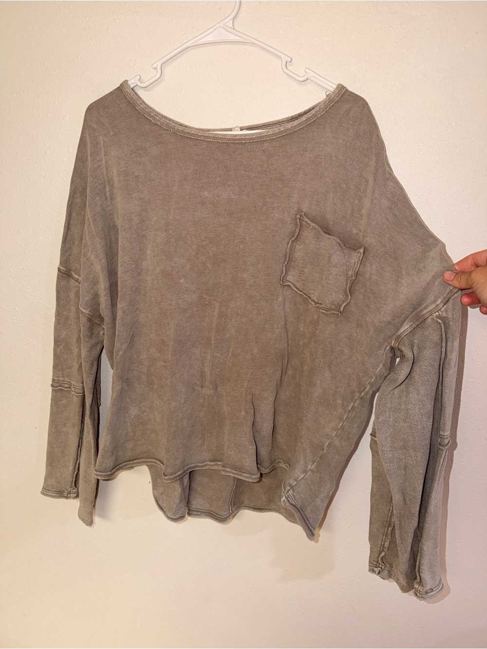 Washed Grey Long Sleeve Pocket Tee - Women